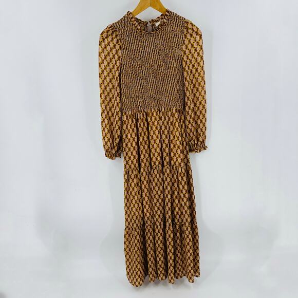 Melloday Smocked Long Sleeve Maxi Dress Retro Geometric Print Brown XS - Picture 12 of 13